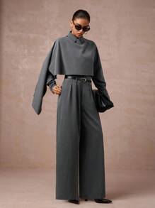 Lumalex 秋冬酒红色低调复古闪亮假日派对装扮锐舞节郊游度假波西米亚风BOHO户外丰富层次婚礼季宴会成人礼两件套女士高腰收腰中长西装套装带披肩袖灰色两件套现代女装单色套装两件裤装女士灰色套装奢华舞会圣诞节新年 - 灰色 - 查看 5