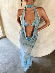 Aloruh 女士新款扎染印花雪纺波西米亚美人鱼下摆罩衫裙，优雅性感露背深垂领长裙，非常适合女士夏季海滩度假露背长裙镂空长裙海洋裙罩衫泳装泳衣罩衫女式泳衣罩衫，乡村音乐会服装 - 彩色 - 查看 7