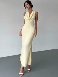 Firerie Elegant Pale Yellow Summmer Day Party Halter Deep V Backless Mermaid Maxi Dress, Glamorous Wedding Guest Formal Dresses For Vacation Graduation - Yellow - View 7