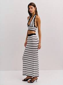 Nöista Black And White Striped Two Pieces Knit Set Includes A Scalloped-Edge Crop Top With A Deep V-Neck And A High-Waisted, Fitted Maxi Skirt. Spring, Women's Clothing, Elegant, Vaccay, Holidays, Summer. - Black and White - View 2