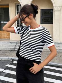 Serisse Mujeres veraniegas de moda Top de tejido de punto de rayas simple negro y blanco, Todo coincidente