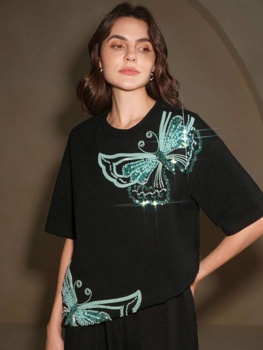 Anewsta 欧美风品牌蝴蝶刺绣短袖女T恤 - 黑色 - 查看 1