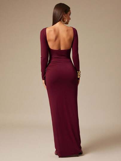 Silquee Conjunto de 2 piezas elegante con camiseta de manga larga de cuello redondo y espalda descubierta, y falda ajustada de unicolor para mujer