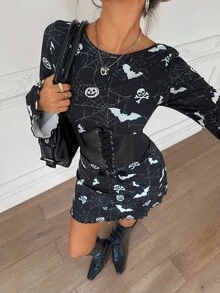 SHEIN Teen Girl Fitted Casual Comfortable Round Neck Long Sleeve Ruffle Hem Halloween Skull Print Dress - Black - View 5
