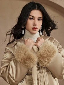 DAZY 新款中国风复古拼布蓬松袖口宽松加厚棉服女秋冬外套 - 香檳色 - 查看 1