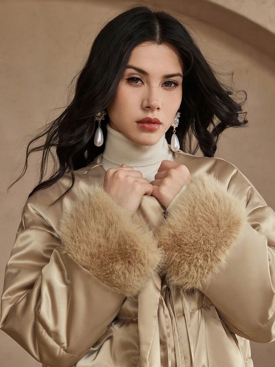 DAZY 新款中国风复古拼布蓬松袖口宽松加厚棉服女秋冬外套 - 香檳色 - 查看 1