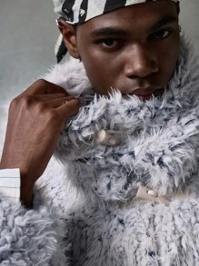 NEON BLANC Men's Fluffy Turtleneck Loose Faux Fur Jacket, For Fall Winter - Light Grey - View 5