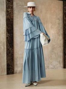 EMERY ROSE 女士四向弹力面料 H 型领荷叶边褶皱抽绳设计优雅约会长袖衬衫秋季女士度假波西米亚风女士休闲春季 - 藍色 - 查看 5