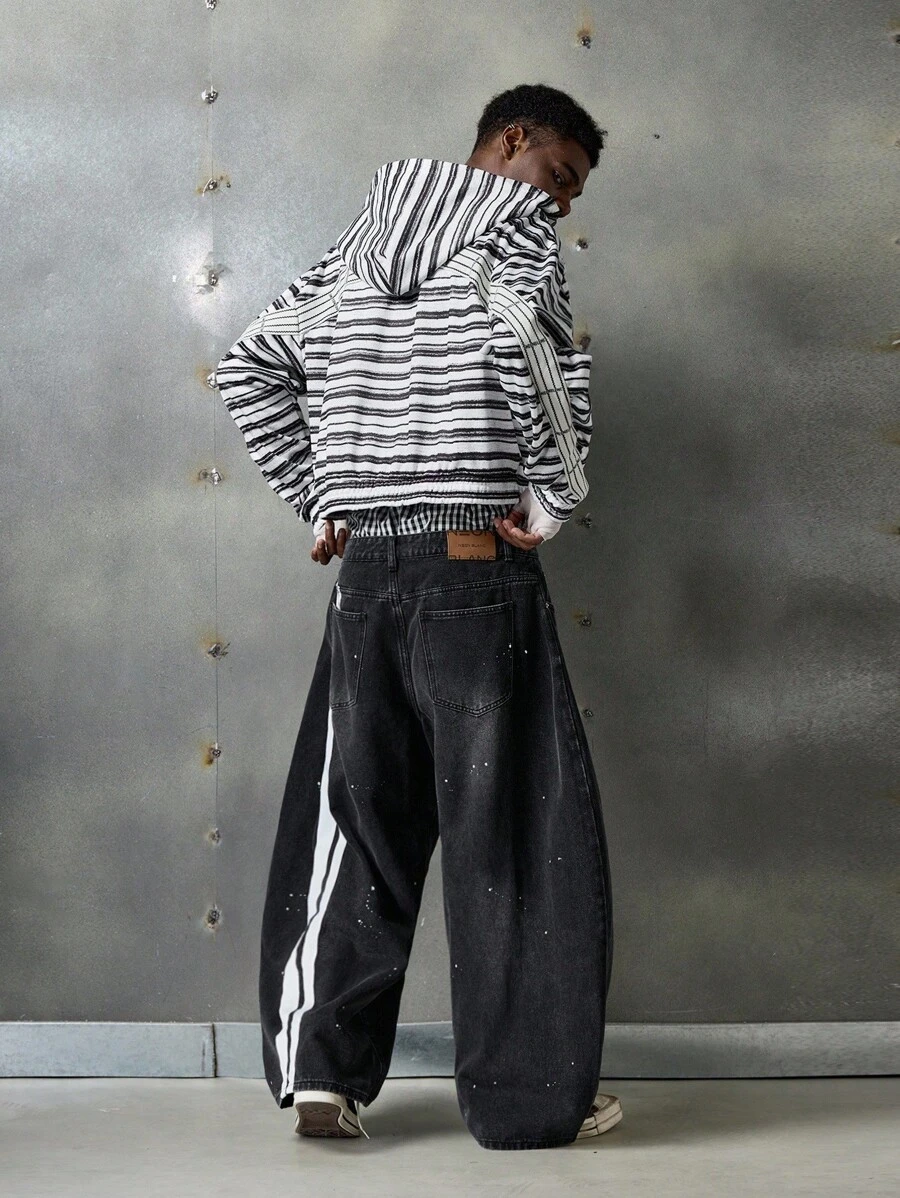 NEON BLANC 男士街头时尚长袖条纹连帽运动衫，秋季，冬季 - 黑與白 - 查看 1