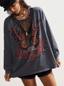 Bohemela Plus Size Women Butterfly Print Crew Neck Drop Shoulder Long Sleeve Casual Loose Sweatshirt
