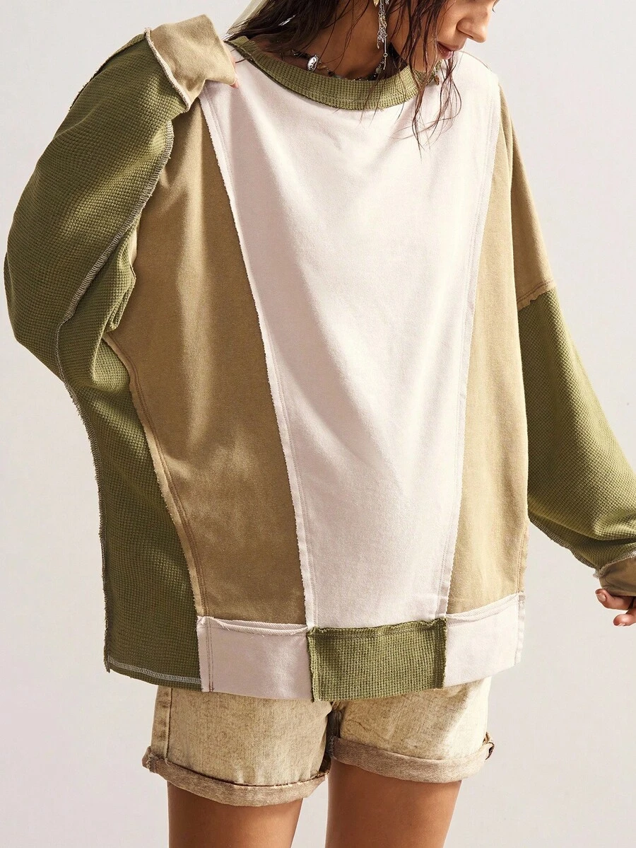 Bohemela Casual Knit Patchwork Round Neck Long Sleeve Loose Washed Women Sweatshirt Oversized Sweatshirt Oversized Sweatshirts For Women In Fall/Winter - Multicolor - View 1