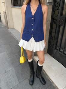 SHEIN EZwear 女装街头休闲年轻复古经典深蓝色纯色前扣不对称挂脖露背吊带牛仔上衣，性感简约街头年轻时尚百搭 - 藍色 - 查看 4
