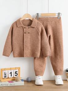 SHEIN Young Boy Raglan Sleeve Double-Breasted Knit Cardigan And Knit Pants Casual Suit,In Fall/Winter