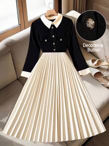 Regalyn Plus Size Elegant Commuter Color Block Pleated Dress Fall Cloth For Women