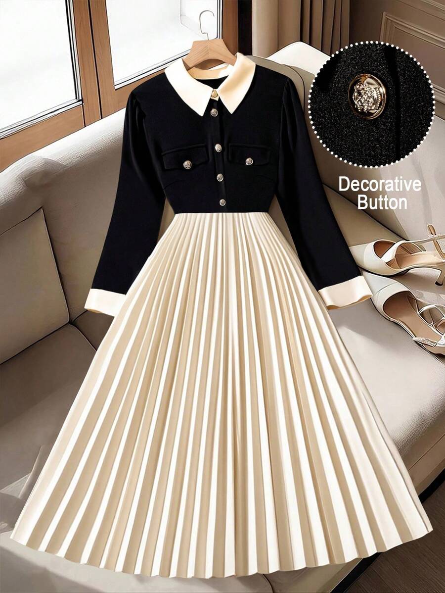 Regalyn Plus Size Elegant Commuter Color Block Pleated Dress Fall Cloth For Women