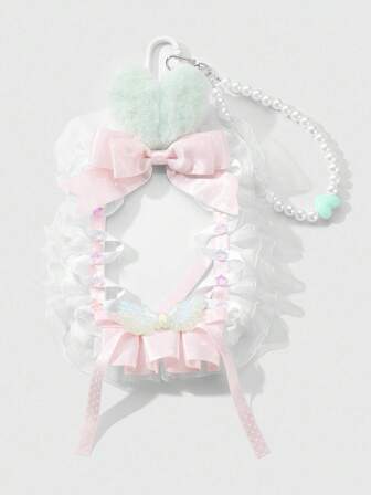 Kawaii 1pc Ins Cute Versatile Sweet Exquisite High-End Handmade Beaded White Faux Pearl Resin Heart Acrylic Glitter Wing Star Plush Rabbit Imported High-Quality Polka Dot Bow Lace Flower Card Holder ID Badge DIY Keychain Bag Charm, Suitable For Office Workers, Students, Daily Wear, Holiday Gift