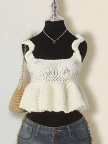 SHEIN ICON Top tricoté court avec broderie florale décontractée