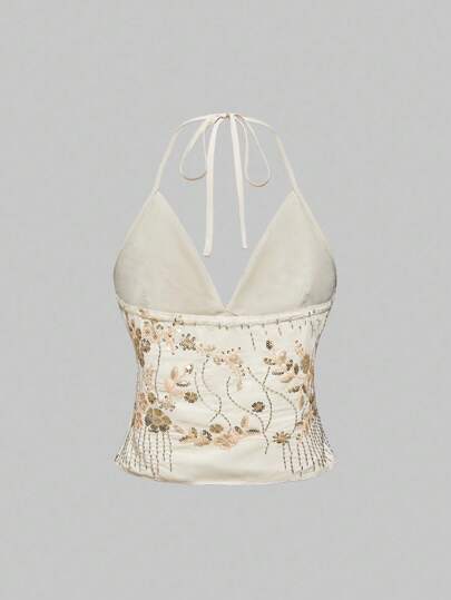 Fairycore Top halter con escote trasero con lentejuelas para mujer, adecuado para el verano