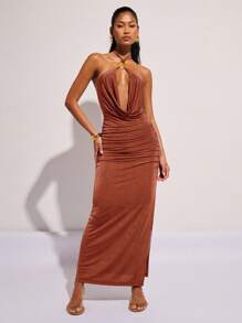 COSMINA Sultry Sleeveless Long Dress In Knitted Fabric With Split Thigh And Halter Neckline