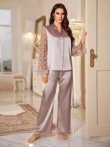 LuxeNights 女士3D立体花卉蕾丝爱心网纱拼接仿丝缎睡衣套装，家居服套装，新娘睡衣套装，秋冬服装 - 香檳色 - 查看 4