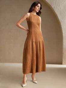 Anewsta Vestido Midi Elegante Feminino Cáqui, Sem Mangas, Com Cintura Franzida, Plissado, - Caqui - Ver 6