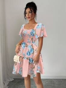 Elenzga Váy tay ngắn họa tiết hoa thanh lịch, mùa hè - Bụi hồng - Xem 3