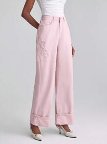 Slaydiva Jeans larges décontractés et amples pour femmes avec broderie florale