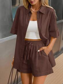 Siren Gaze 女士奶油黄短款套装 - 2025 夏季棉质休闲两件套：卷边短袖衬衫和短裤，海滩度假必备，透气机场装，商务休闲办公装 - 咖啡棕 - 查看 8