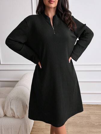 SHEIN Robe noire courte en coton à manches longues pour grandes tailles