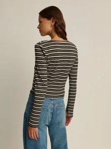 Nöista Navy-And-Cream Striped Tie-Front Cardigan-Top In Rib-Knit. Perfect For Spring-To-Fall Women Clothes, Parisian-Nautical Weekend Looks, Cozy Campus Layering, Or Breezy Café Dates-Playful, Slim-Fitting, And Effortlessly Chic All Season. - Black - View 2