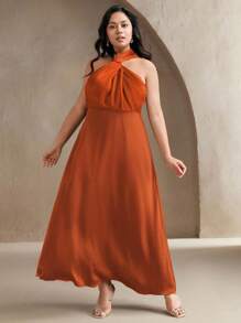 Anewsta Váy chữ A cổ chéo bằng vải voan thanh lịch cỡ lớn, váy midi dài cao cấp màu xanh lá cây ôm sát cho tiệc sinh nhật, mùa hè, ngày lễ, trang phục thường ngày, lễ hội, khách dự tiệc cưới - trái cam - Xem 3