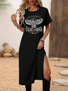 Wildy 女士平口短袖分擔裙，圖形印花，下擺分割式設計 - 黑色 - 查看 1