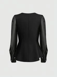 GlowEve Áo sơ mi tay dài đính nút kim loại bất đối xứng thanh lịch dành cho nữ - màu đen - Xem 2