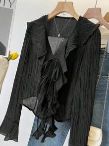 INAWLY V-Neck Pleated Ruffle Trim Front Tie Flare Sleeve Blouse Fall Cloth For Women - Black - View 4