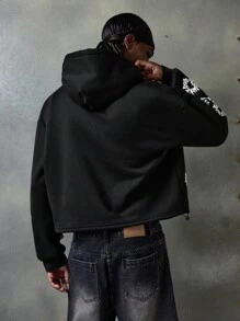 男士休闲黑色针织长袖连帽衫，带字母图案，Emo 风格，2000 年代风格，秋季，冬季 - 黑色 - 查看 2