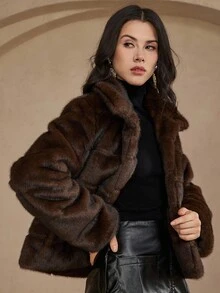 DAZY 女式立领短款仿皮草外套 - 棕色 - 查看 6