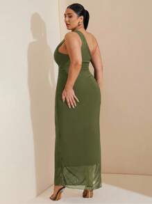 SHEIN BAE Vestidos de mujer talla grande para bodas, damas de honor, fiestas, citas, vacaciones. Vestidos de verano talla grande elegantes para fiestas, cumpleaños, San Valentín, de satén, con hombros asimétricos o de un solo hombro. Vestidos de verano talla grande con cuello asimétrico, cintura plisada y aberturas laterales maxi. - Verde militar - Ver 2