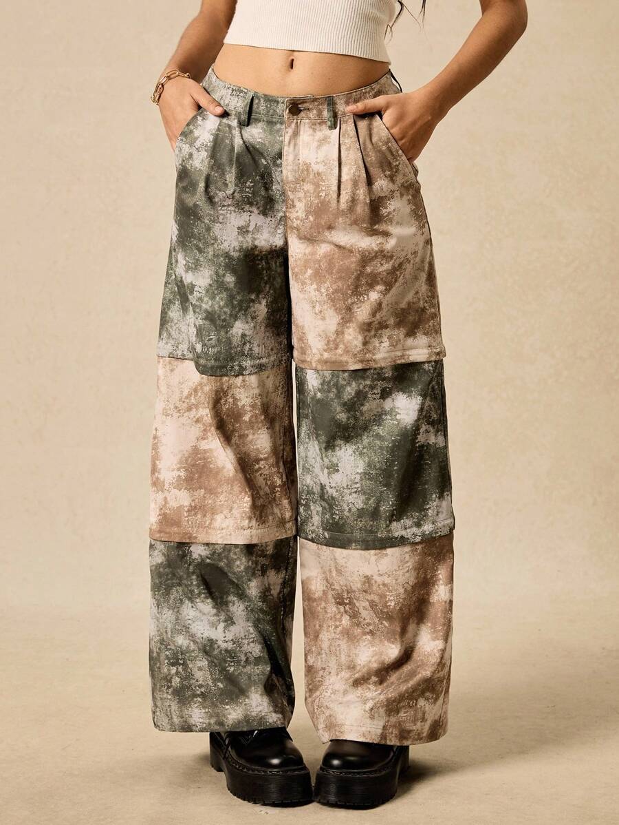 Easelle Women's Retro Casual Personalized Avant-Garde Yellow-Green Camouflage Pattern Splicing One Trousers Multi-Wear Zipper Closure Multi-Function Loose Straight Low-Waist Trousers - Multicolor - View 1