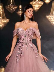 Glamrae 优雅奢华刺绣蕾丝亮片露肩泡泡袖长裙，适合婚礼、活动、派对、度假、庆典、正式场合（重度装饰） - 藕粉色 - 查看 7