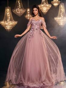 Glamrae 优雅奢华刺绣蕾丝亮片露肩泡泡袖长裙，适合婚礼、活动、派对、度假、庆典、正式场合（重度装饰） - 藕粉色 - 查看 8