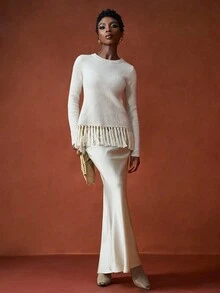 Zivah The 2025 New Autumn, Autumn And Winter Casual, Simple, Street, Daily, Date, Birthday, Party, Travel Season, Warm, Elegant, Commuting, Office Worker, Internet Celebrity Hit, Round Neck, Wide Shoulder, Long Sleeve, Fringed Hem, Decorated Back, Cross Backless, Crappy, Ribbed Pullover, Sweater, Women's Knitted Top -A