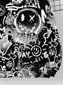 SHEIN 青少年男孩休闲简约卡通图案落肩卫衣，适合秋冬季