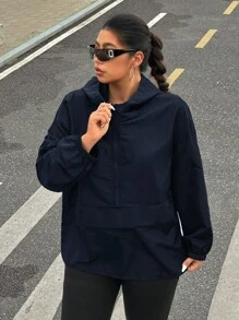 SHEIN EZwear 海军蓝加大码女式落肩长袖拉链连帽夹克 - 藏蓝色 - 查看 3