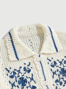 ROMWE MEN Casual Áo len cardigan dệt kim dài tay họa tiết thêu cho nam - Màu be - Xem 5