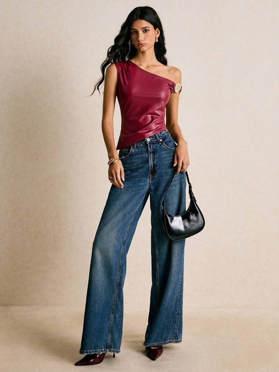 Poéselle 女士优雅贝壳装饰不对称肩上衣，夏季 - 酒紅色 - 查看 1