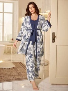 SHEIN MuseNap CURVE Plus Size Solid Color Cami Top & Tropical Print Pants & Robe Pajama Set, Fall Winter Clothes - Blue and White - View 7
