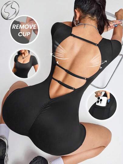 Innovista Woman Essential Solid Workout Jumpsuit With Built-In Bra Removable Pads Athletic Stretchy Yoga Gym Romper One Piece Exercise Suit Backless Breathable Fall Sports Jumpsuit Plain Daily Basic Athleisure Overall Clothes Office To Gym Work From Home Running Biker HIIT Training Comfort Movement Cardio Cycling CrossFit Outdoor Exercise Healthy Utilitarian Chic, Sexy Straps