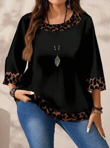 EMERY ROSE Blouse ample à imprimé intégral, col rond, manches 3/4 pour femmes grandes tailles, automne/hiver - Noir - Voir 3