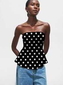 Maija 休闲波尔卡圆点图案褶饰娃娃装紧身抹胸上衣，适合万圣节、圣诞节、派对、音乐节 - 黑與白 - 查看 4