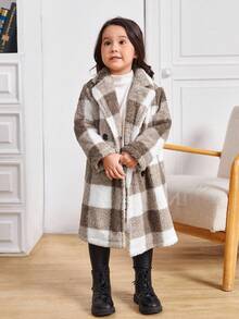 SHEIN Áo khoác kẻ caro phong cách thường ngày cho bé gái, thích hợp cho kỳ nghỉ thu đông. - Màu Khaki - Xem 6